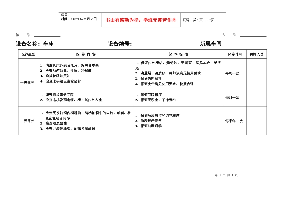 设备保养计划-机加工车间_第1页