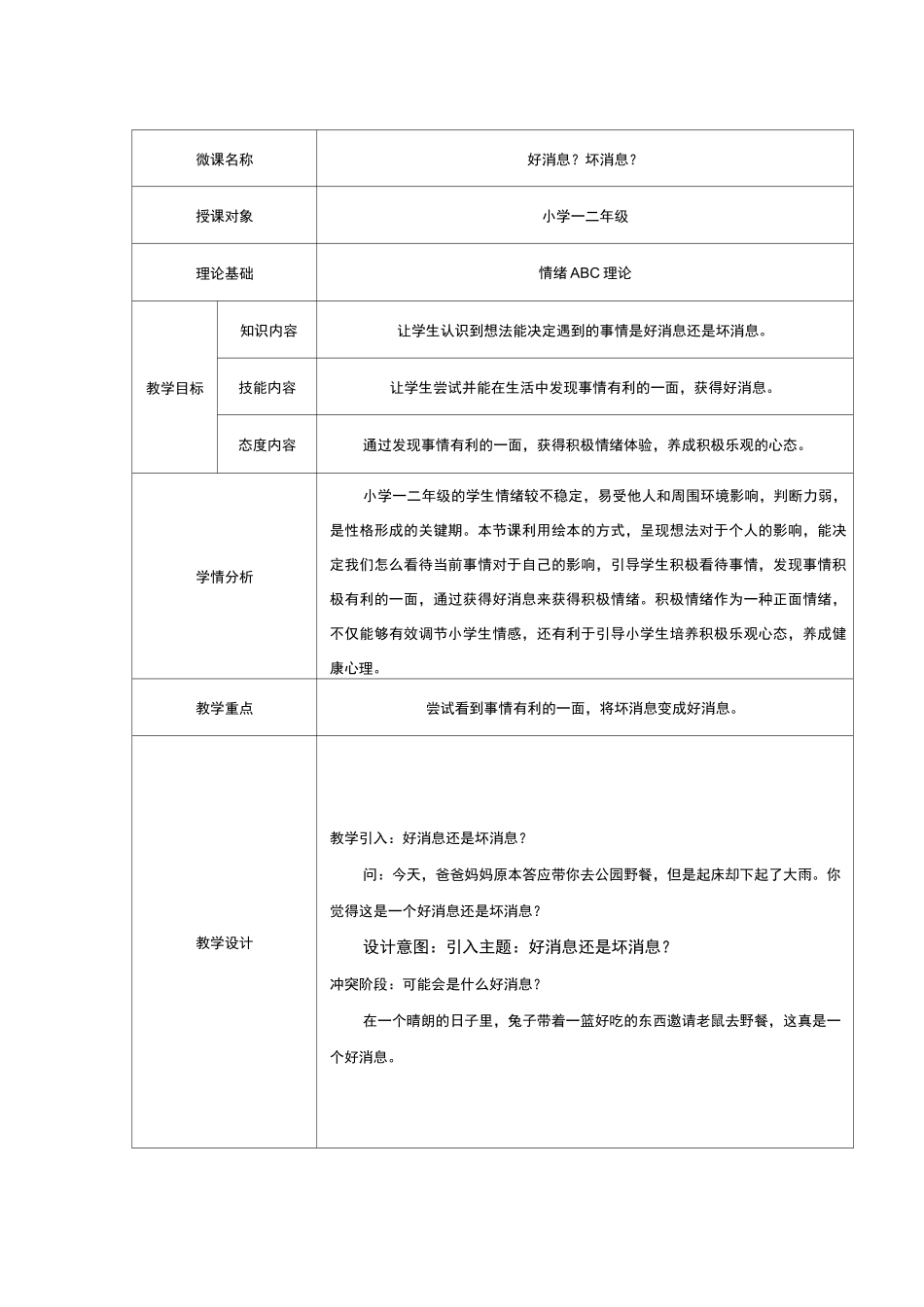 人教版基础教育小学一年级 心理健康教育 上册 情绪管理《好消息,坏消息》教学设计_第1页