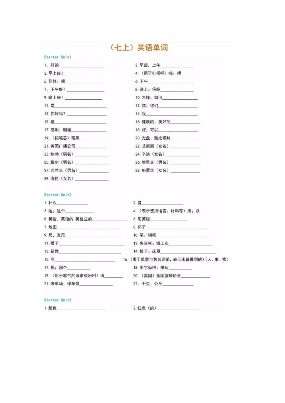 人教版英语七年级(上)单词默写表 _第1页