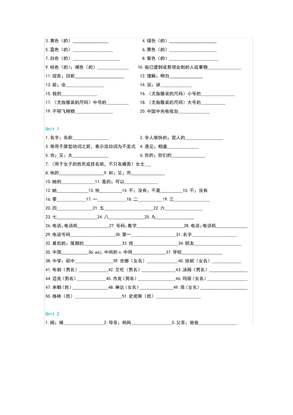 人教版英语七年级(上)单词默写表 _第2页