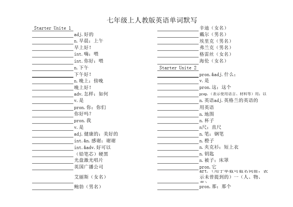 七年级上人教版英语单词默写 _第1页