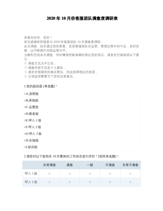 2020年10月份客服团队满意度调研表