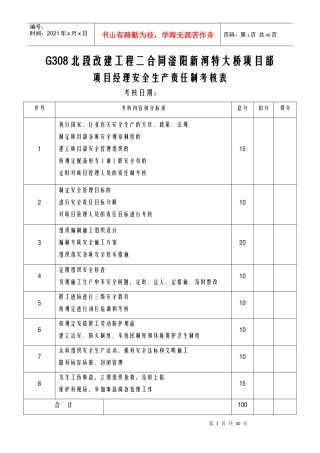 某大桥项目部项目经理安全生产责任制考核表