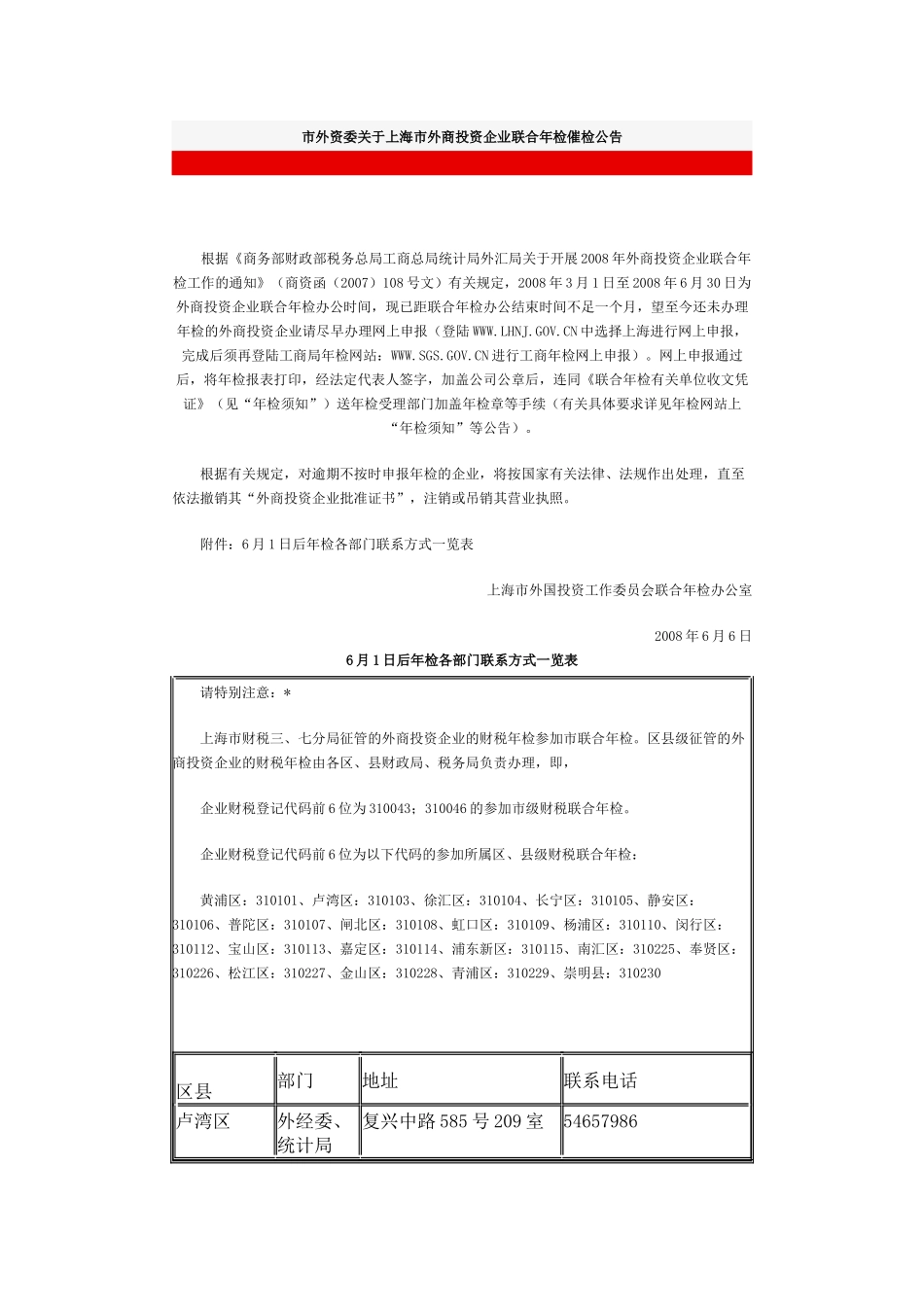 市外资委关于上海市外商投资企业联合年检催检公告_第1页