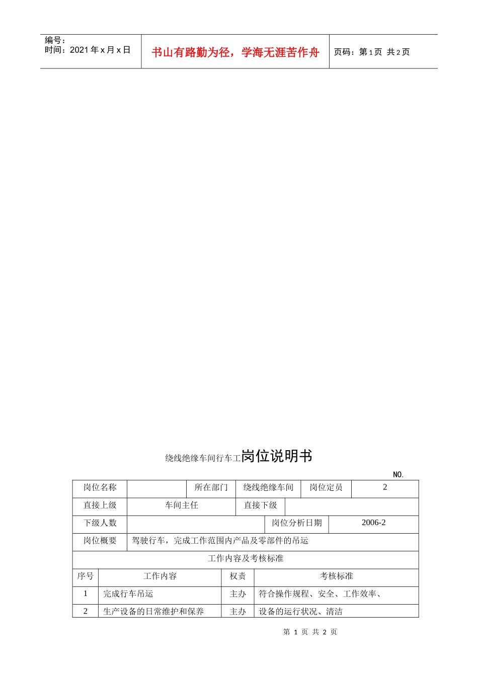 电力集团某大型电气配件企业绕线绝缘车间行车工岗位说明书_第1页