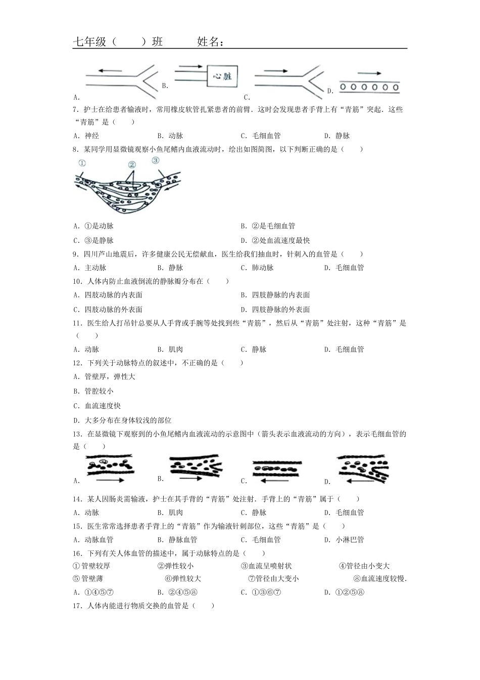 【同步练习】血流的管道——血管（1）_第2页