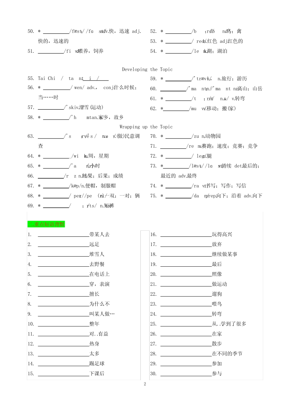 仁爱版英语七上Unit 4 知识清单(默写版) _第2页
