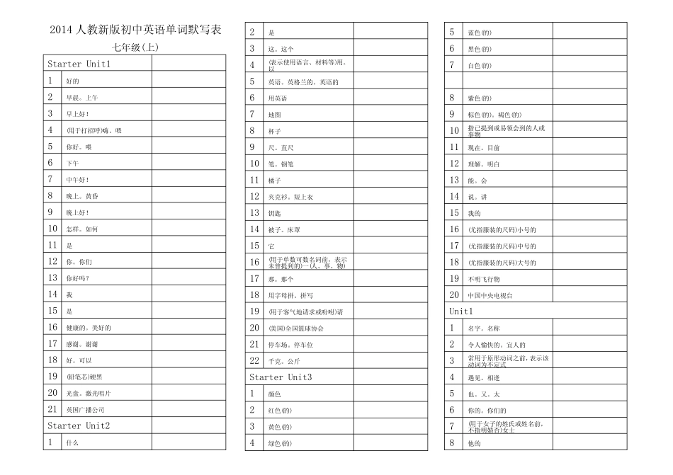(word完整版)人教新版七年级上册英语单词默写表(直接打印) _第1页