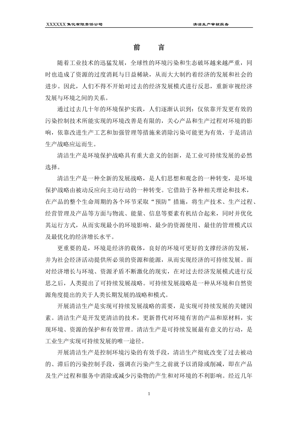 XXXXXX焦化有限责任公司清洁生产审核报告_第1页