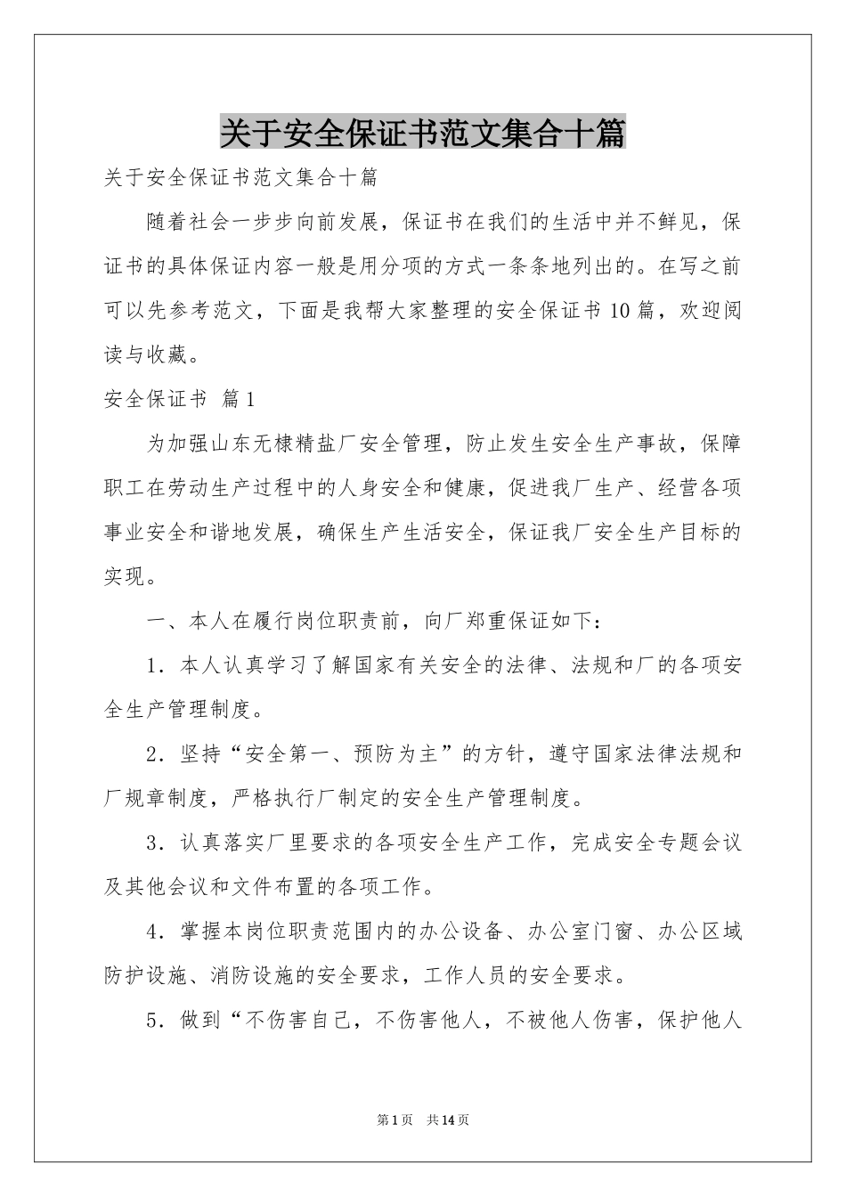 关于安全保证书范本集合十篇_第1页