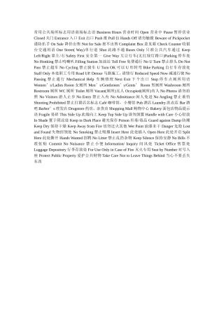 常用公共场所标志用语商场标志英语语BusinessHours营业时间Open营业中Pause暂停营业Closed关门Entrance入口Exit出口Push推Pull拉HandsOff请勿触摸BewareofPickpocket谨防扒手OnSale降价出售NotforSale恕不出售ComplaintBox意见箱CheckCounter收银台交通用语One