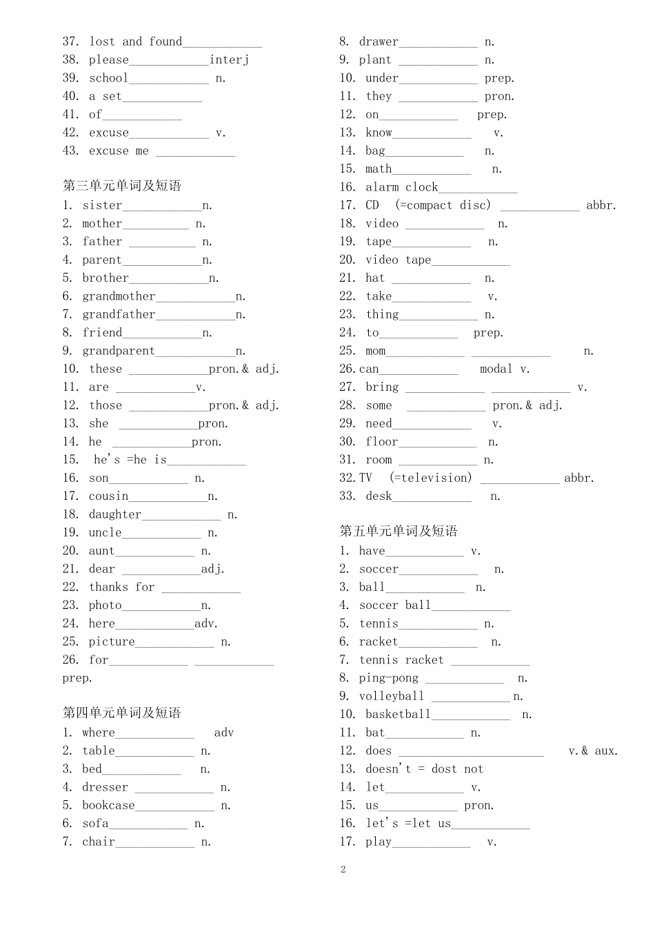 人教版新目标七年级上册英语单词默写汉语表 _第2页