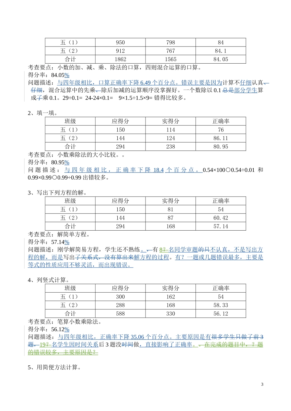 2015年11月五年级数学运算能力单项测试质量分析（改）_第3页