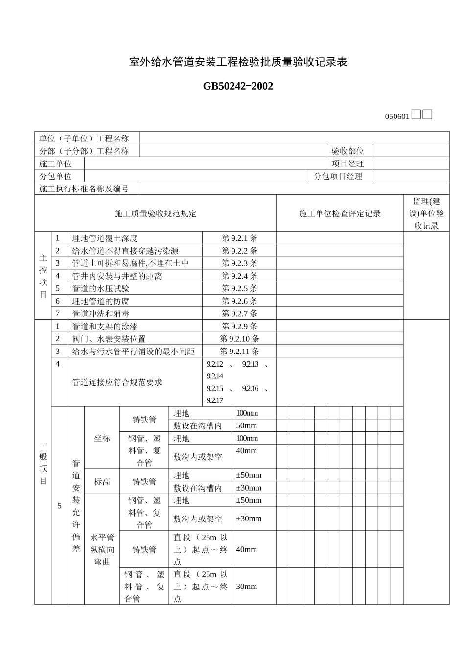 室外给水管道安装工程检验批质量验收记录表_第1页