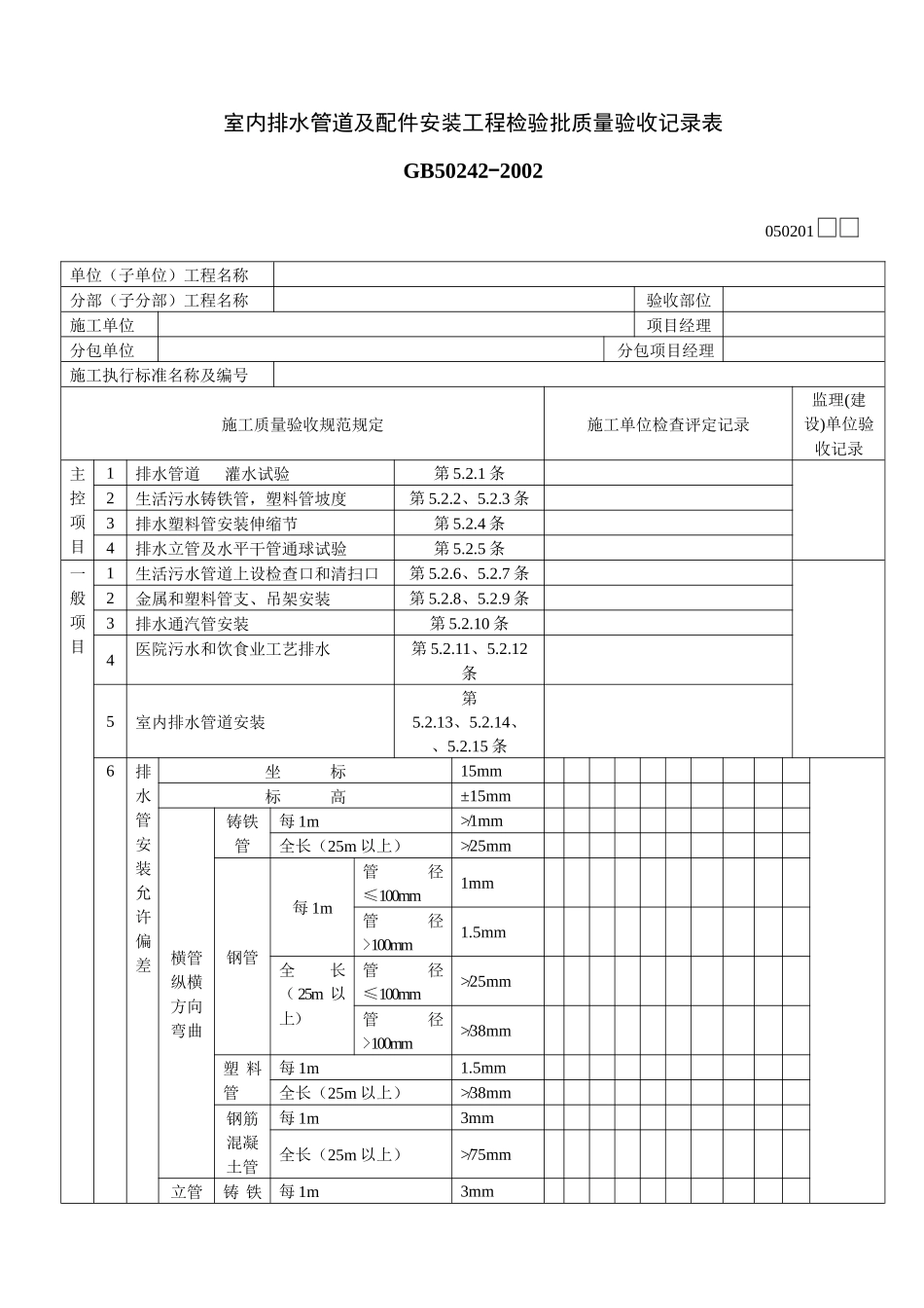 室内排水管道及配件安装工程检验批质量验收记录表_第1页
