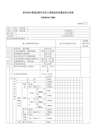 室内排水管道及配件安装工程检验批质量验收记录表