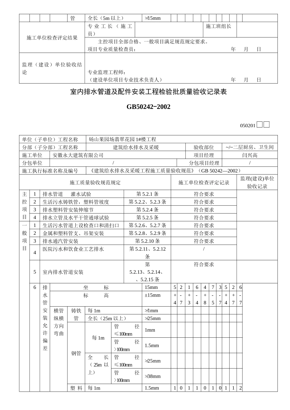室内排水管道及配件安装工程检验批质量验收记录表1_第2页