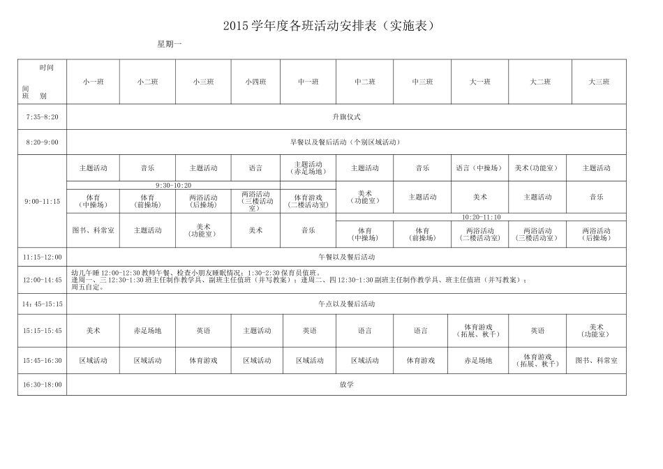 2014学年度各班活动安排表-副本_第1页