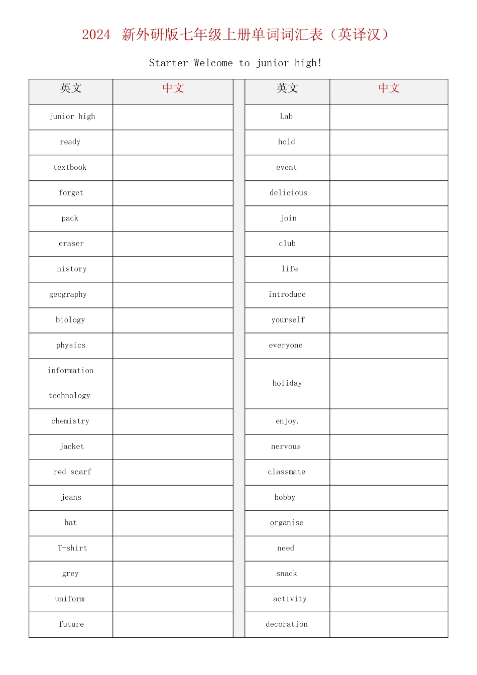 2024新 外研版英语七上单词表(英译汉)默写版 _第1页