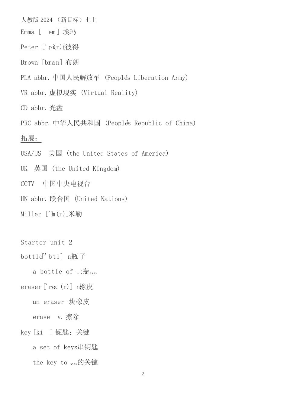 2024年新人教版七年级上词汇及拓展(背诵版) _第2页