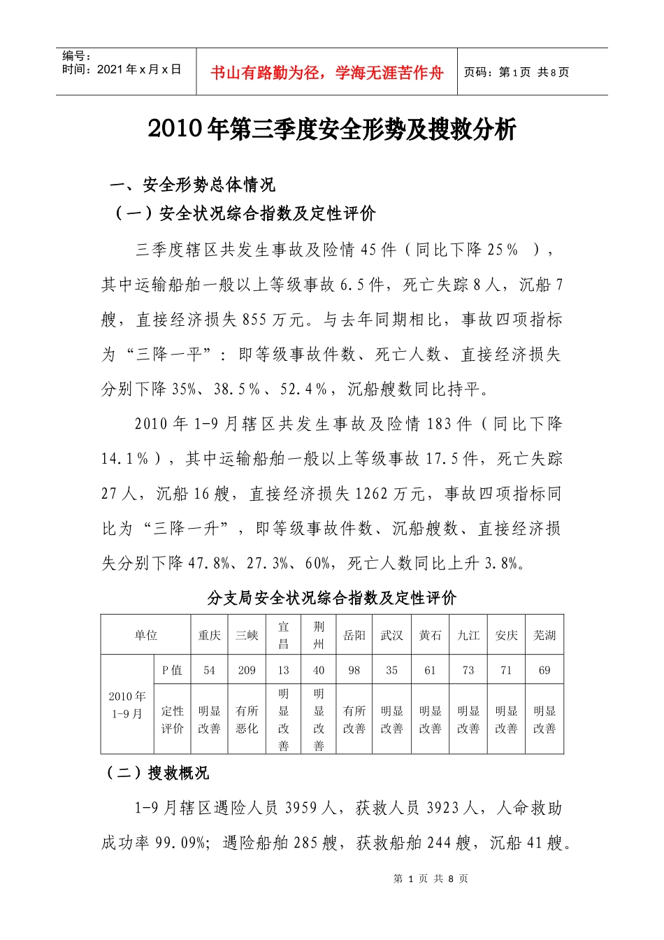 XXXX年第三季度安全形势及搜救分析_第1页