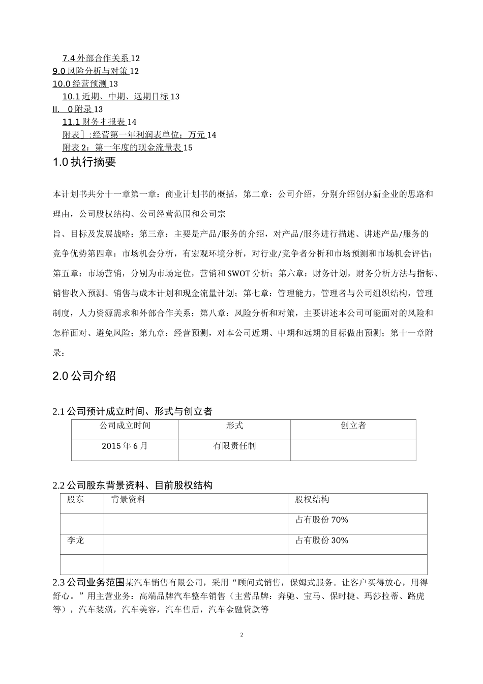 汽车销售公司-汽车商业计划书_第2页