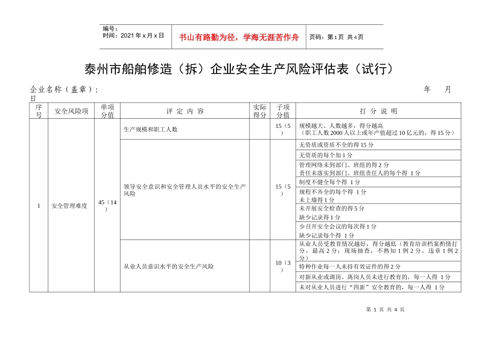 泰州市船舶修造(拆)企业安全生产风险评估表(试行)_第1页