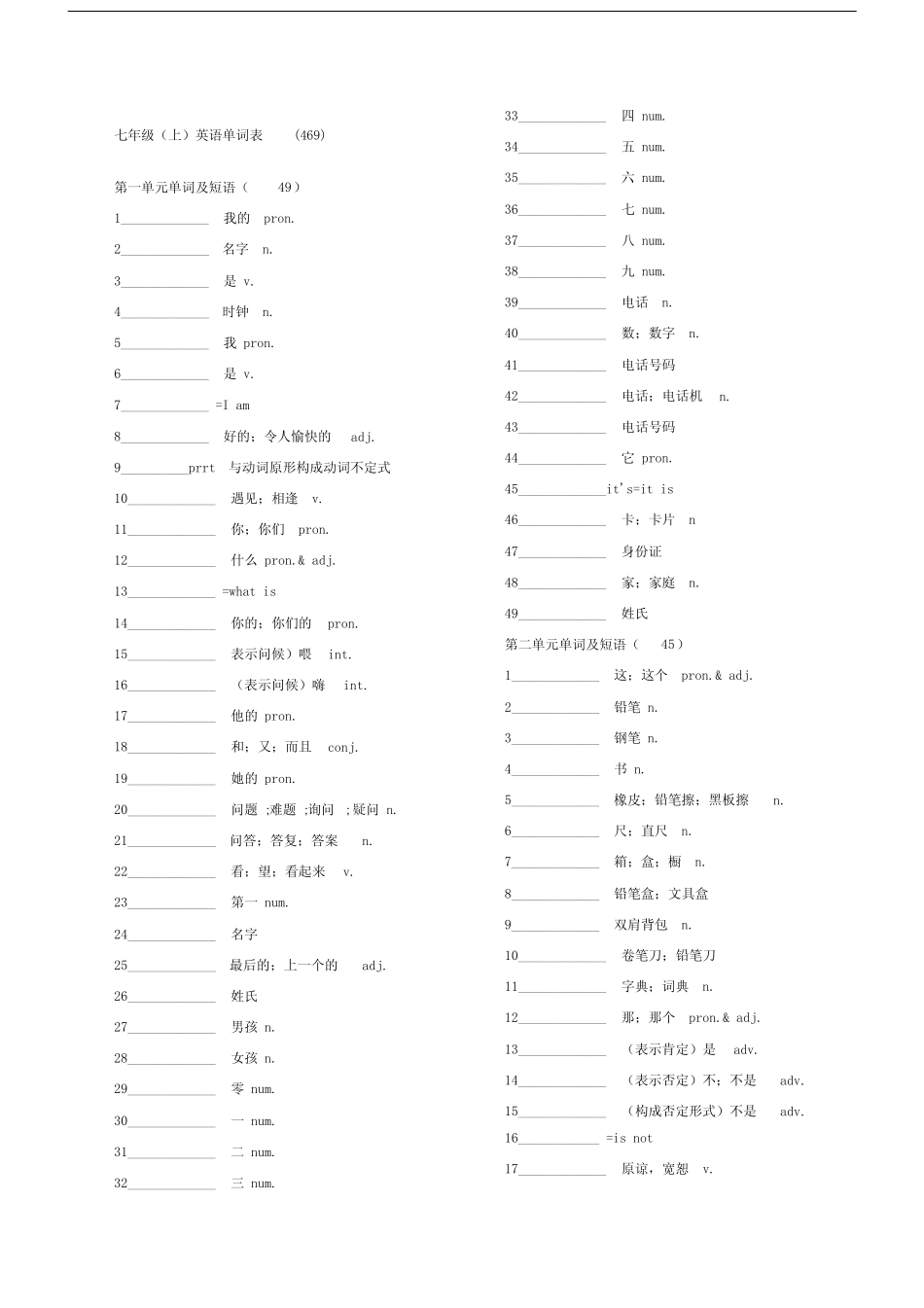 人教版新目标初中七年级上册的英语单词默写使用表.docx _第1页