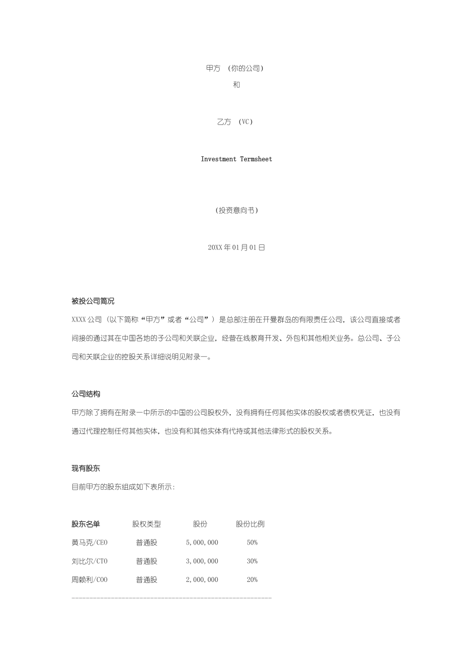 实用投资意向书模板_第1页