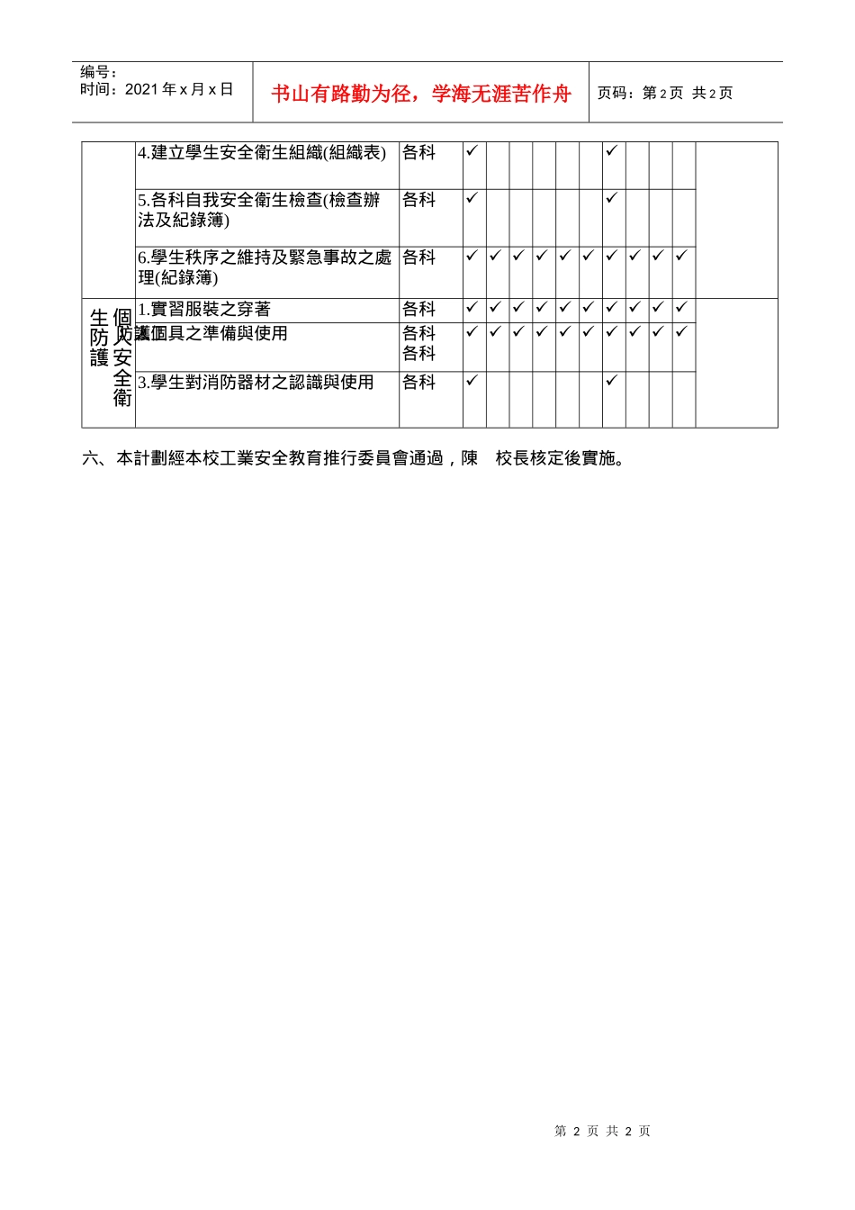 国立大湖农工九十学年度实习安全卫生教育实施计画草案_第2页