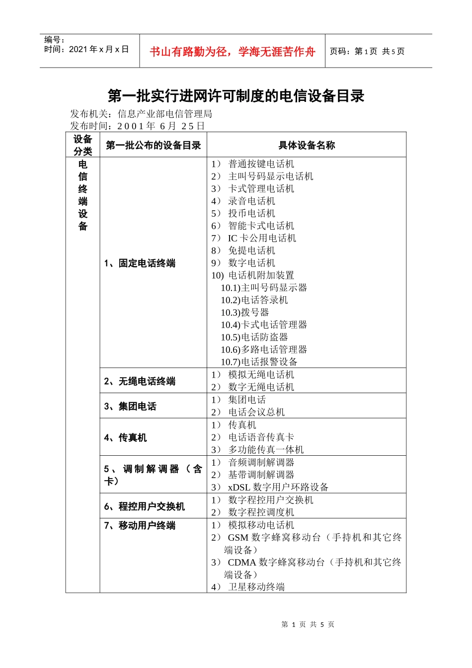 第一批实行进网许可制度的电信设备目录及细化_第1页
