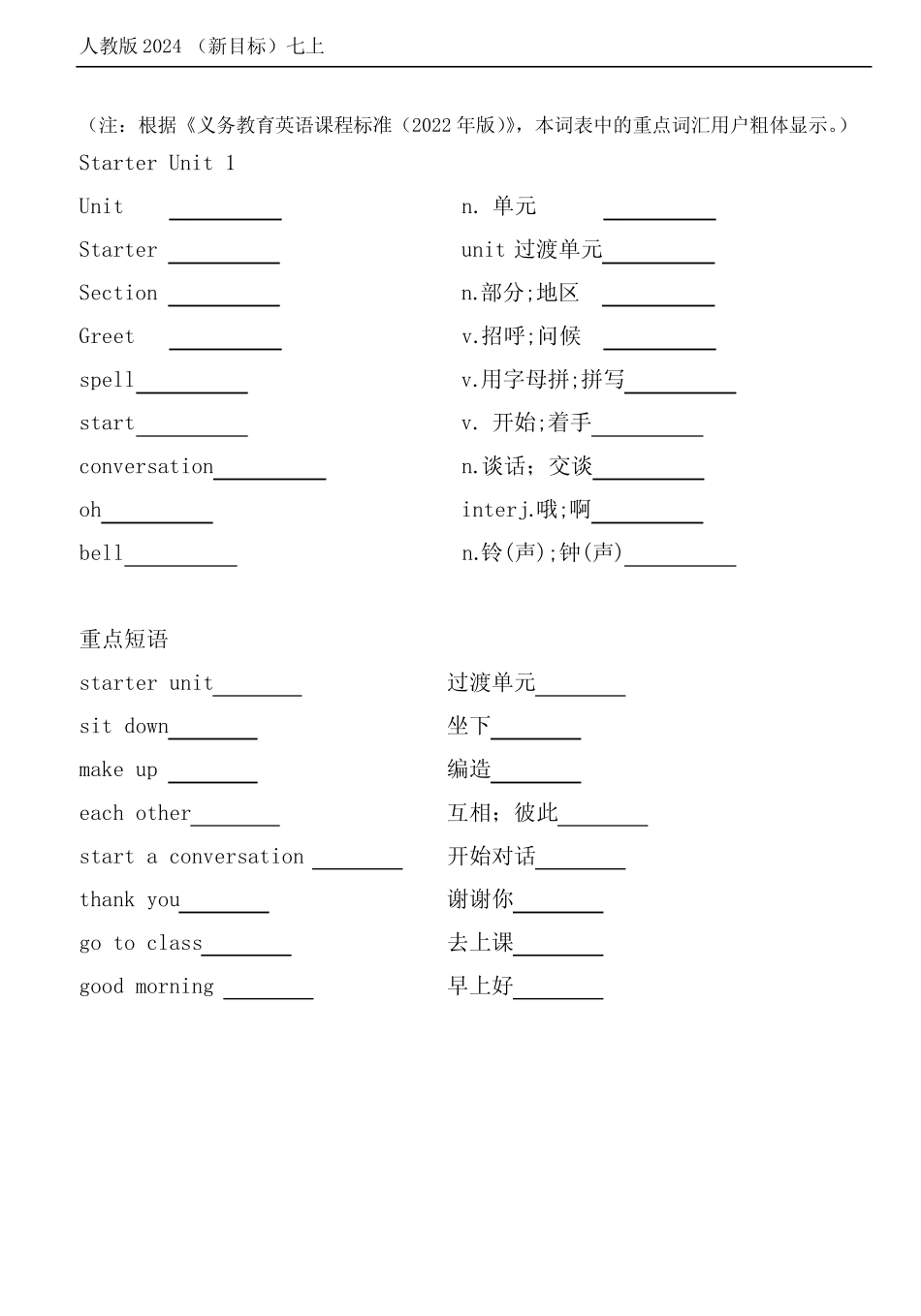 2024年新人教版七年级上词汇、短语(默写版) _第1页