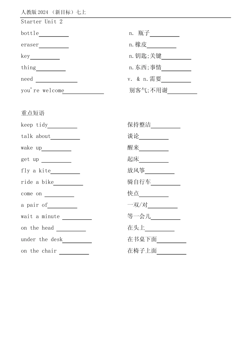 2024年新人教版七年级上词汇、短语(默写版) _第2页