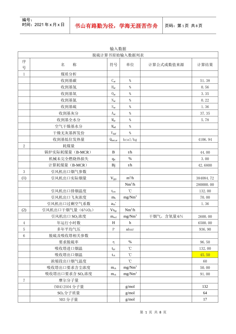 脱硫热、水、物料平衡计算_第1页