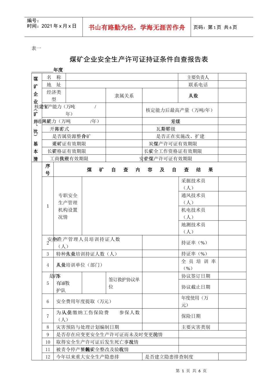 煤矿企业安全生产许可证持证条件自查报告表_第1页