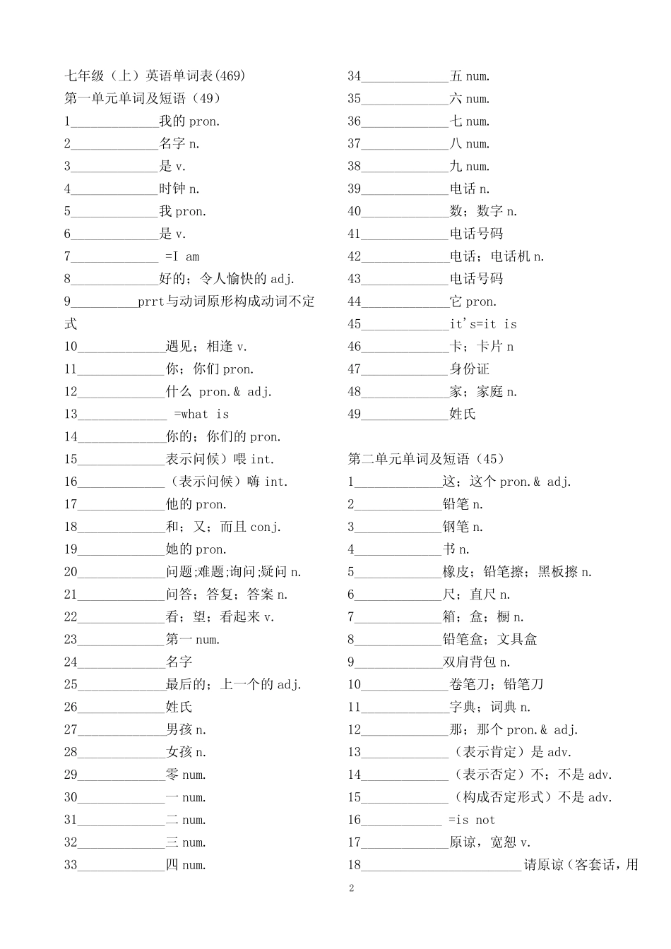 人教版新目标七年级上册英语单词默写表 _第2页