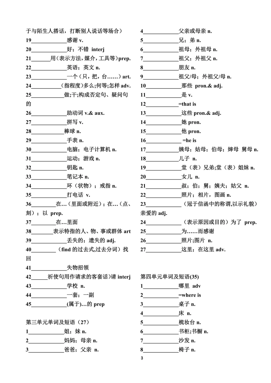人教版新目标七年级上册英语单词默写表 _第3页