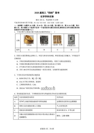 广东汕尾2025届高三上学期“四校”联考化学试卷 