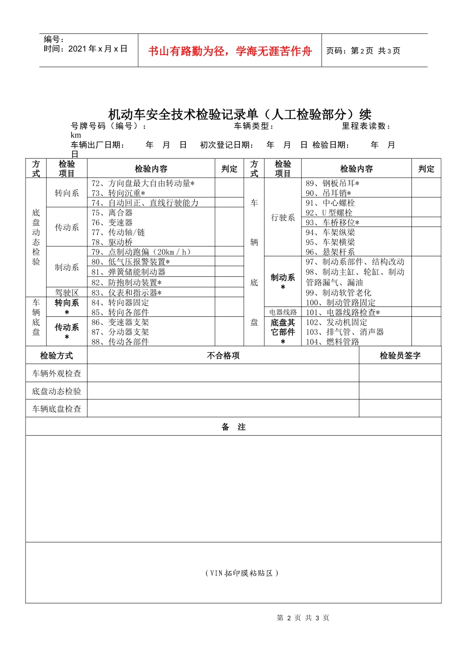 机动车安全技术检验记录单（人工检验部分）_第2页