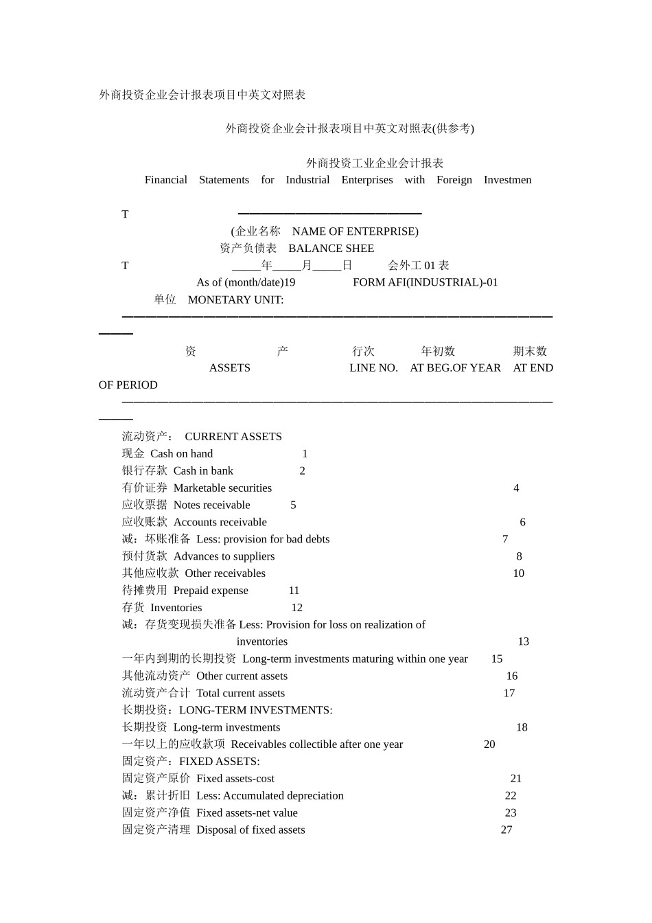 外商投资企业会计报表项目中英文对照表 123_第1页