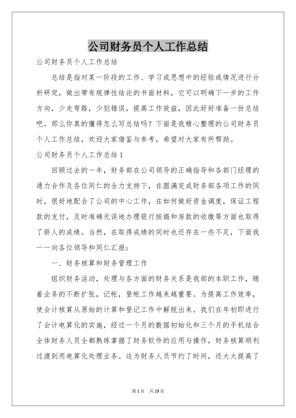 公司财务员个人工作参考总结_第1页