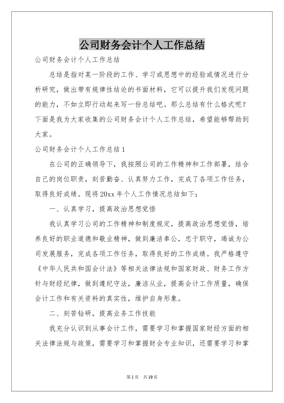公司财务会计个人工作参考总结_第1页