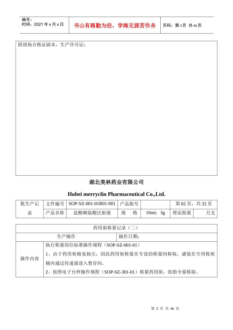 盐酸赖氨酸注射液批生产记录_第3页