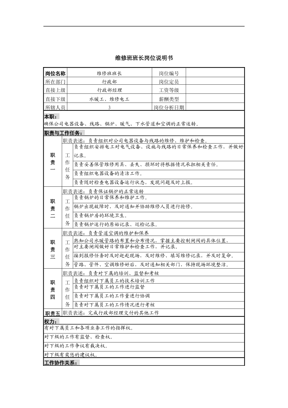 维修班班长岗位说明书_第1页