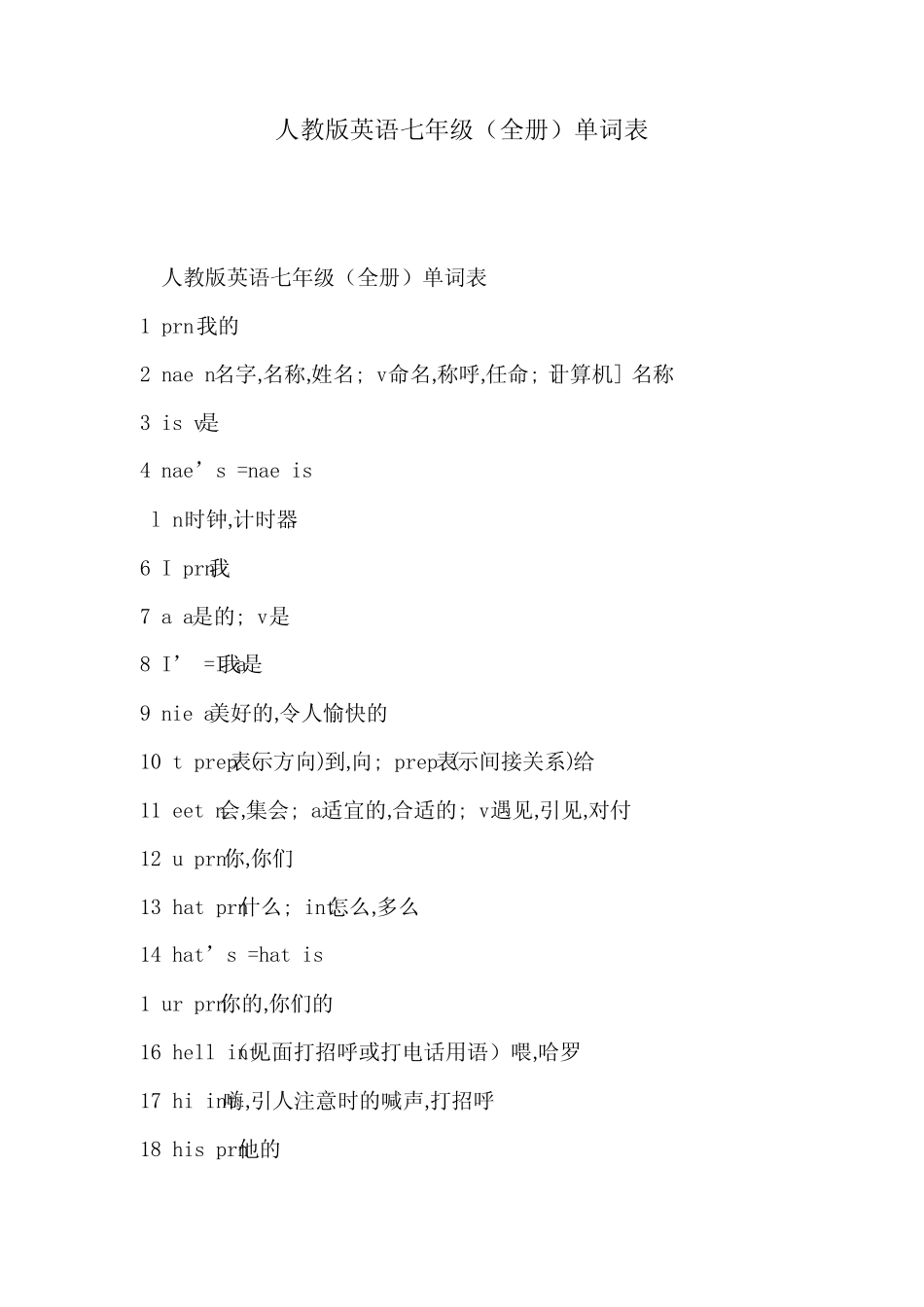 人教版英语七年级(全册)单词表 _第1页