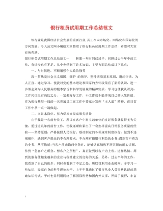 银行柜员试用期工作总结范文
