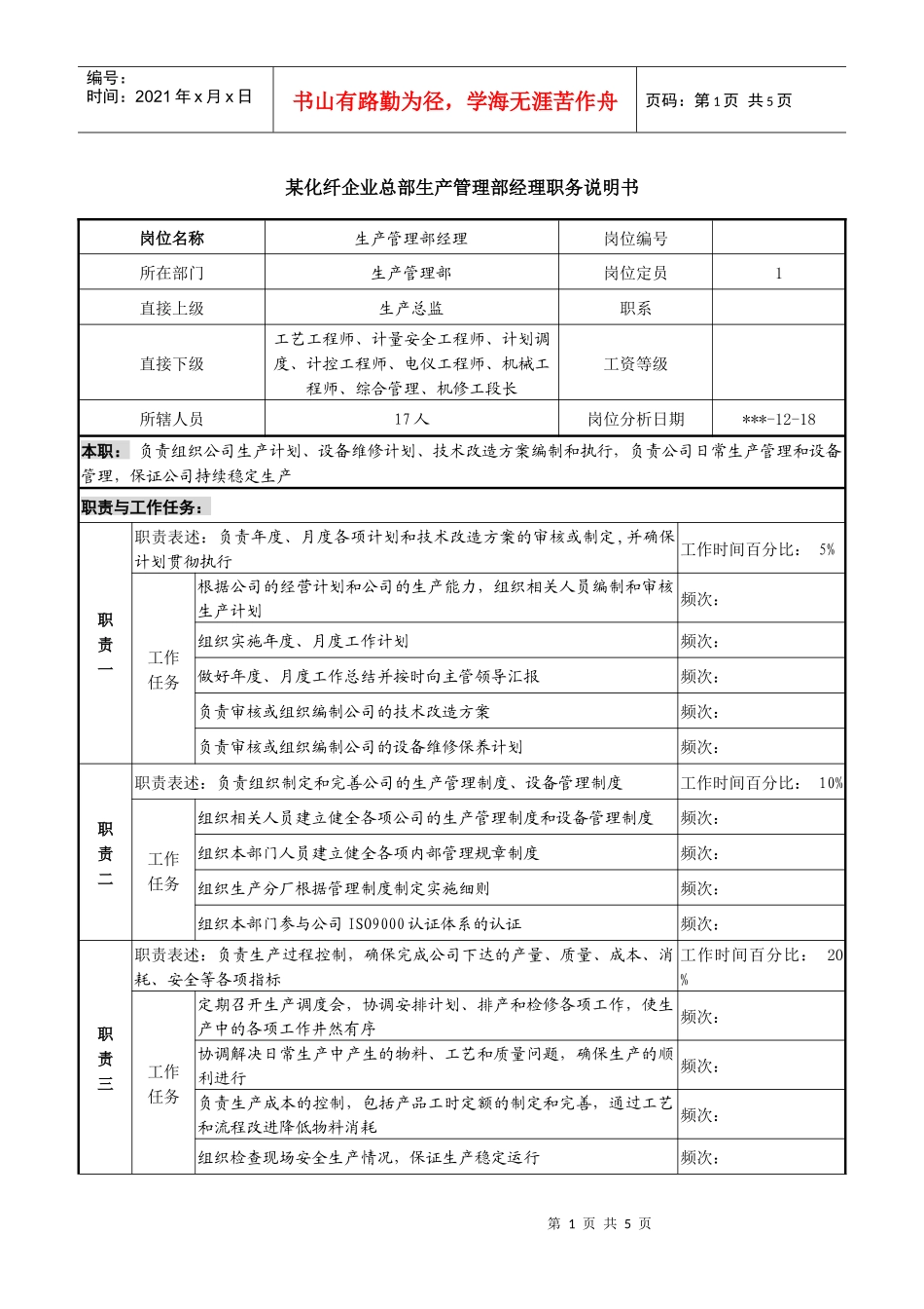 某化纤企业总部生产管理部经理职务说明书_第1页