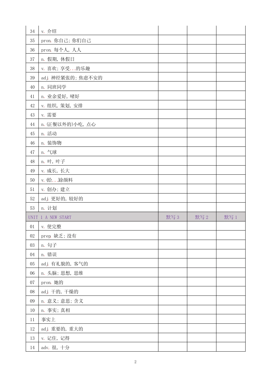 2024新外研版初一上英语单词默写表 _第2页