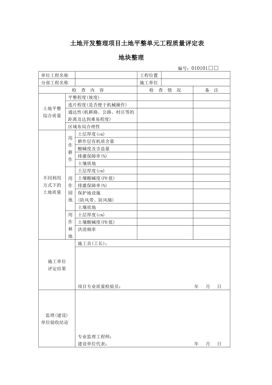 土地开发整理项目土地平整单元工程质量评定表_第1页