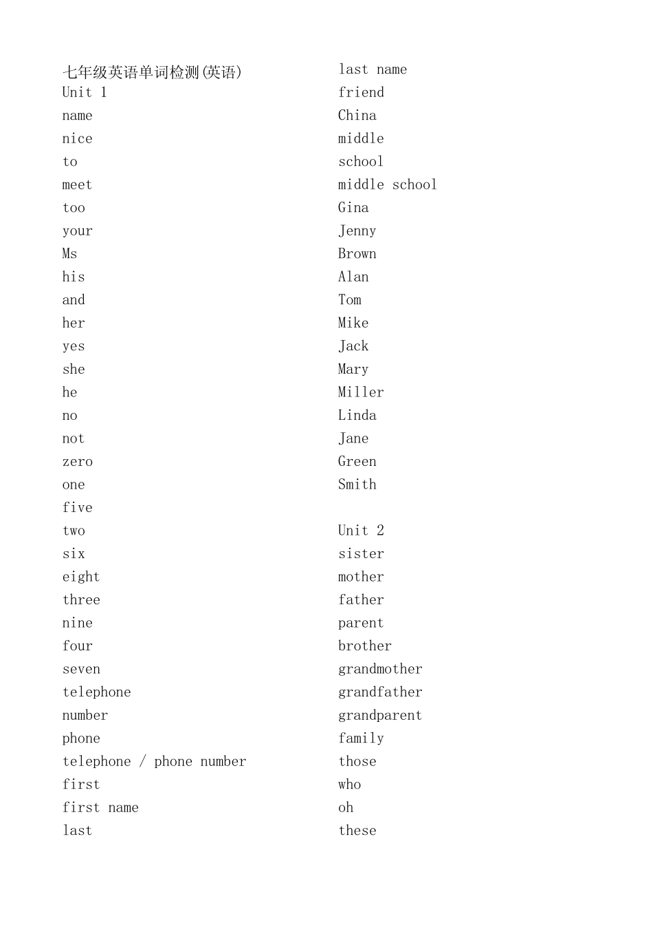 【2016年新版新目标七年级上册英语单词检测(英译汉)】 _第1页
